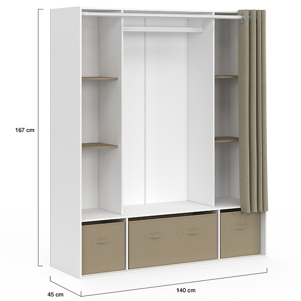ID MARKET - Dressing double penderie DIANE 140 x 45 x 167 cm blanc avec étagères + boites de rangement + rideau taupe - large