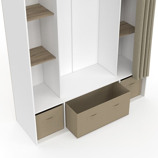 ID MARKET - Dressing double penderie DIANE 140 x 45 x 167 cm blanc avec étagères + boites de rangement + rideau taupe - large