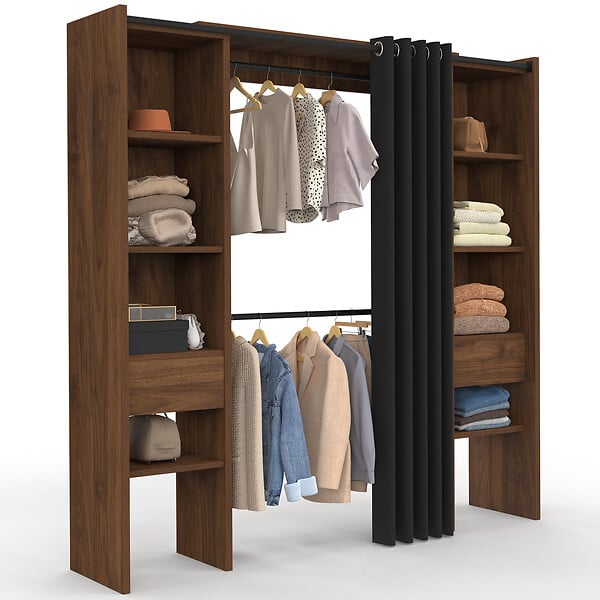 ID MARKET - Dressing extensible double MERYL 120/180 x 50 x 180 cm noyer avec étagères + double penderie + rideau noir - large