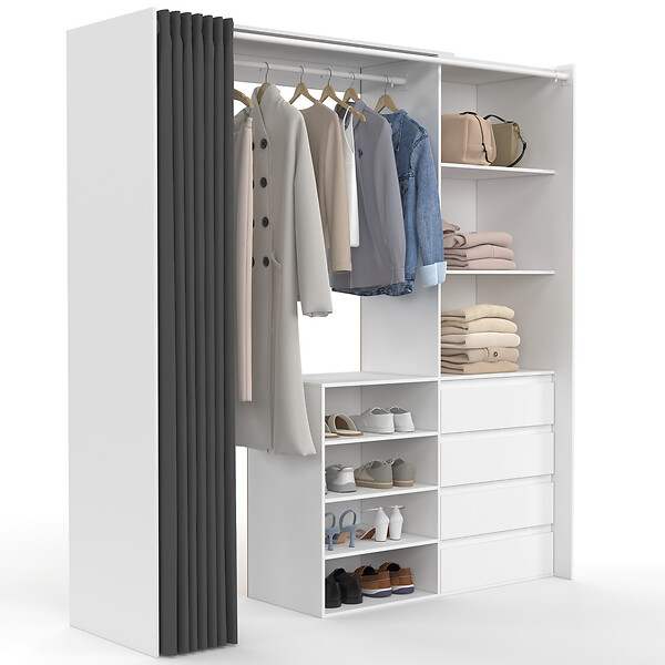 ID MARKET - Dressing extensible XXL MARTY 120/170 x 50 x 180 cm blanc avec 4 tiroirs + étagères + penderie + rideau gris - large