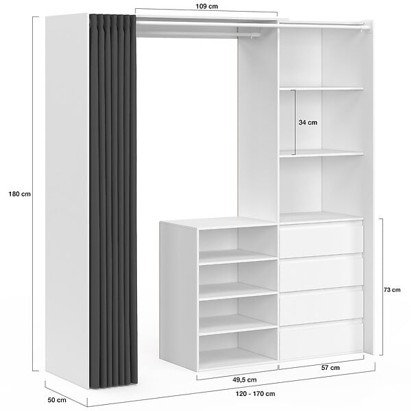 ID MARKET - Dressing extensible XXL MARTY 120/170 x 50 x 180 cm blanc avec 4 tiroirs + étagères + penderie + rideau gris - large