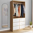 ID MARKET - Dressing penderie L. 80 cm UPPAH avec 6 tiroirs bois façon hêtre et blanc - vignette