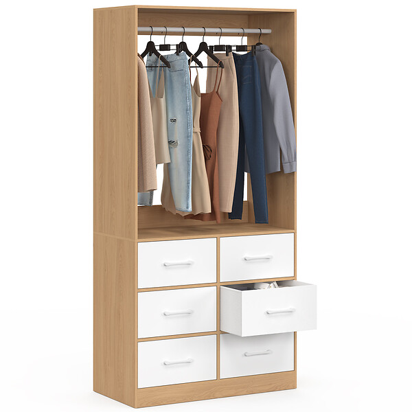 ID MARKET - Dressing penderie L. 80 cm UPPAH avec 6 tiroirs bois façon hêtre et blanc - large