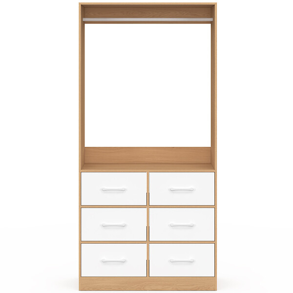 ID MARKET - Dressing penderie L. 80 cm UPPAH avec 6 tiroirs bois façon hêtre et blanc - large