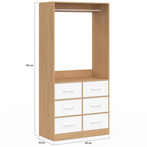 ID MARKET - Dressing penderie L. 80 cm UPPAH avec 6 tiroirs bois façon hêtre et blanc - large
