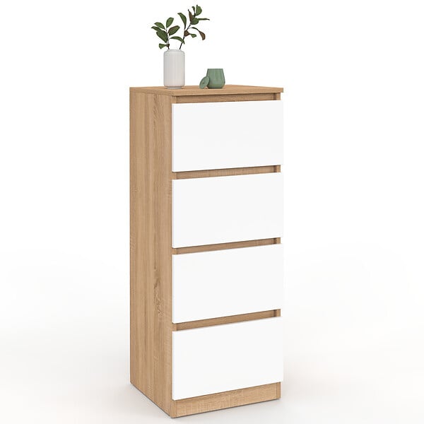 ID MARKET - Meuble d'appoint 4 tiroirs TOMI 30 cm chiffonnier bois façon hêtre et blanc pour entrée salle de bain - large
