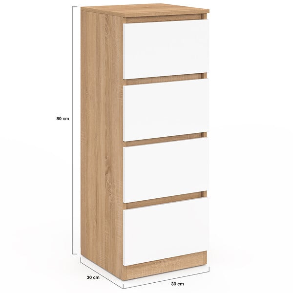 ID MARKET - Meuble d'appoint 4 tiroirs TOMI 30 cm chiffonnier bois façon hêtre et blanc pour entrée salle de bain - large