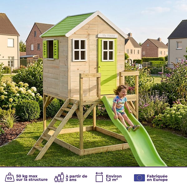 KANGUI - Maisonnette Enfant Extérieur en Bois TINNI avec Plateforme et Toboggan - large