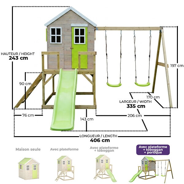 KANGUI - Maisonnette Enfant Extérieur en Bois TINNI avec Plateforme, Toboggan et double B - large