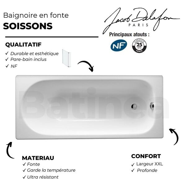 JACOB DELAFON - Lot baignoire droite 170 X 70 JACOB DELAFON Soissons fonte + pare-bain noir mat - large