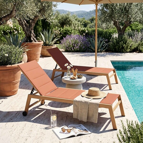 OVIALA - Lot de 2 bains de soleil effet bois inclinable avec roues terracotta - Futuna - large