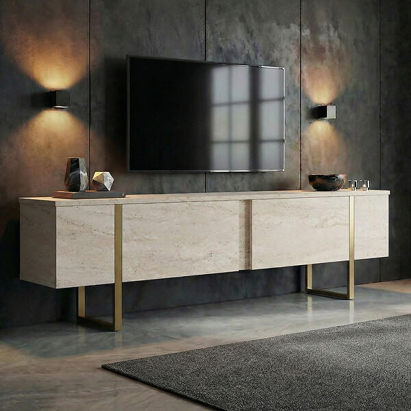 HABITAT ET JARDIN - Meuble TV en bois "Onera" - 180 x 30 x 50 cm - Travertin / Or - large