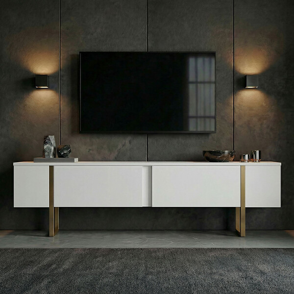 HABITAT ET JARDIN - Meuble TV en bois "Onera" - 180 x 30 x 50 cm - Blanc / Or - large