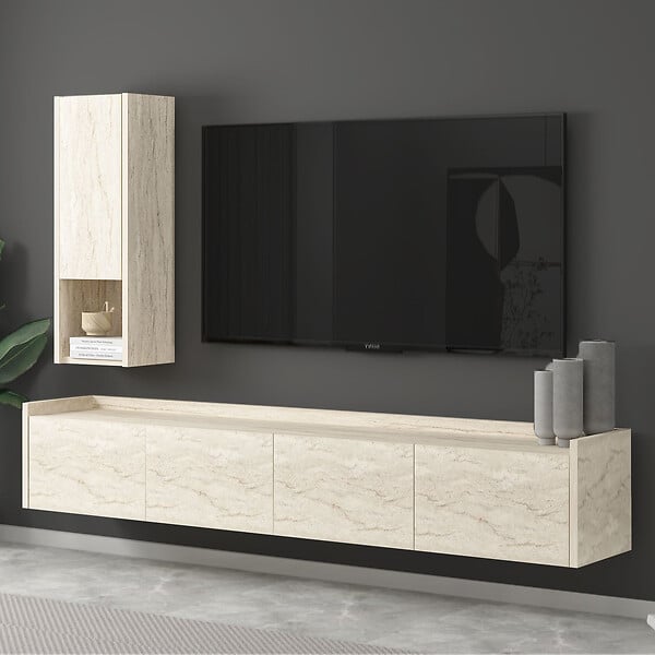 HABITAT ET JARDIN - Meuble TV avec étagère murale en bois "Sema" - 160 x 30 x 35 cm - Travertin - large