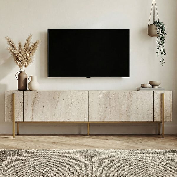 HABITAT ET JARDIN - Meuble TV en bois "Nexus" - 180 x 30 x 45 cm - Travertin / Or - large