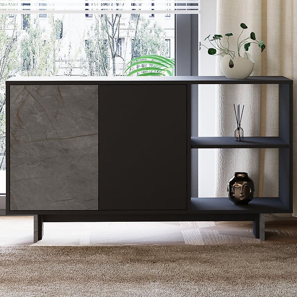 HABITAT ET JARDIN - Buffet en bois "Ravello" - 140 x 35 x 80 cm - Gris anthracite marbré - large