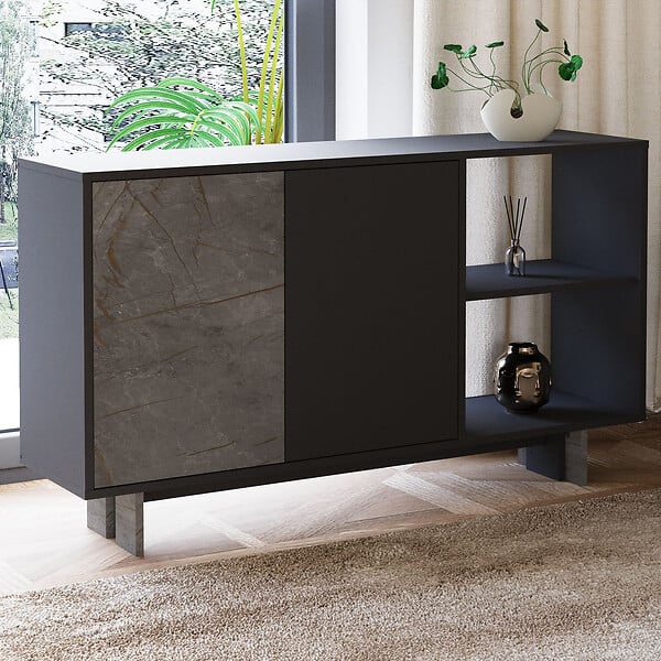 HABITAT ET JARDIN - Buffet en bois "Ravello" - 140 x 35 x 80 cm - Gris anthracite marbré - large