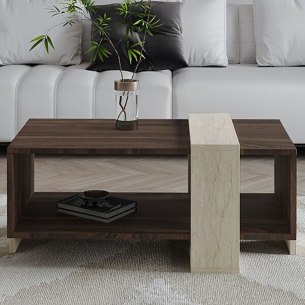HABITAT ET JARDIN - Table basse en bois "Meleni" - 90 x 49 x 40 cm - Travertin - large