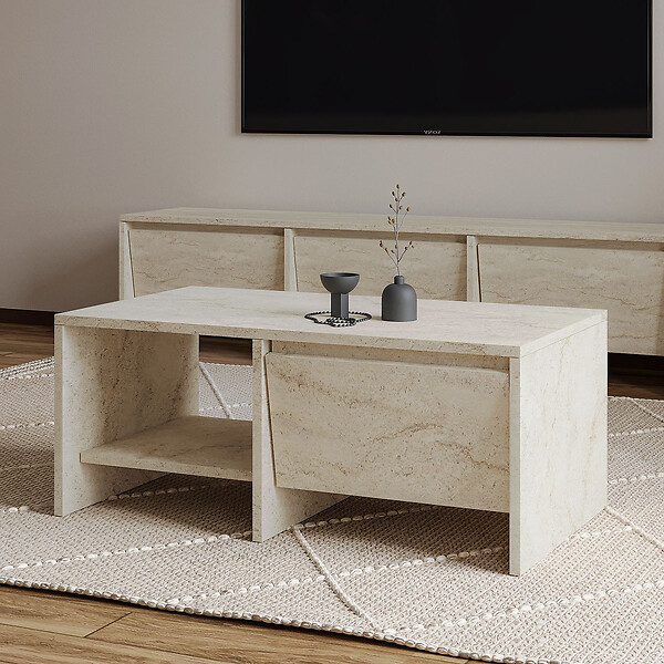 HABITAT ET JARDIN - Table basse en bois "Laris" - 90 x 45 x 35 cm - Travertin - large