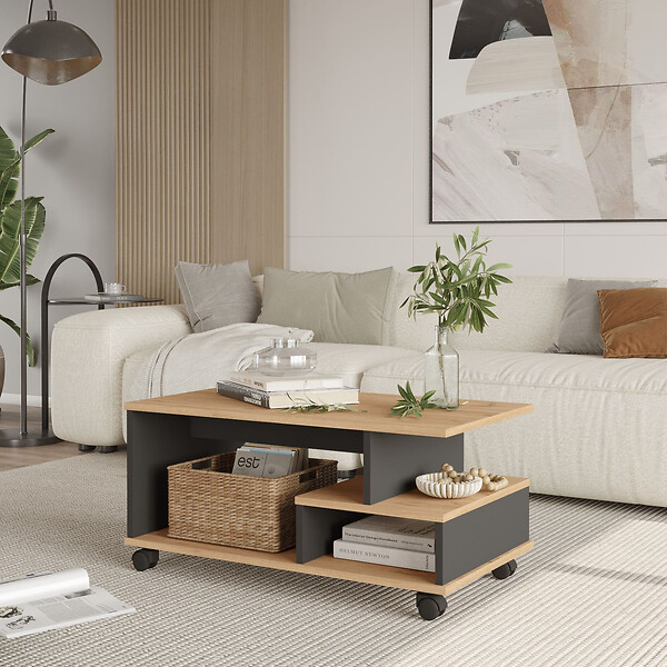 HABITAT ET JARDIN - Table basse en bois "MIN9" - 90 x 51 x 42 cm - Gris anthracite - large