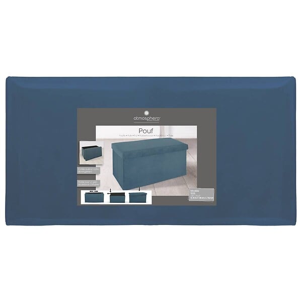 ATMOSPHERA - 2 en 1 Pouf pliant double et coffre de rangement Velours Bleu 76 x H 38 cm - large