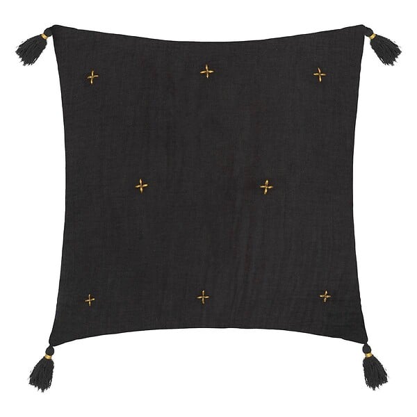 ATMOSPHERA - Coussin décoratif Gris Foncé brodé doré avec pompons 40 x 40 cm - large
