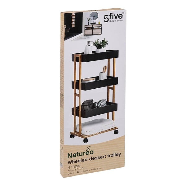 5 FIVE SIMPLY SMART - Desserte roulante 4 niveaux en Bambou et Bois Noir H 87 cm - large