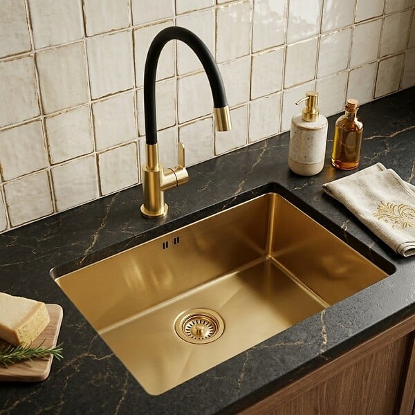 ESSEBAGNO - Luisa évier 1 grande cuve seule 76x45 en inox or brossé - large