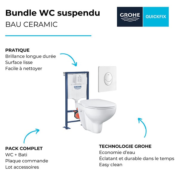 GROHE - Pack WC suspendu sans bride Bau ceramic + Bâti support Solido + abattant + plaque ovale blanc alpin - large