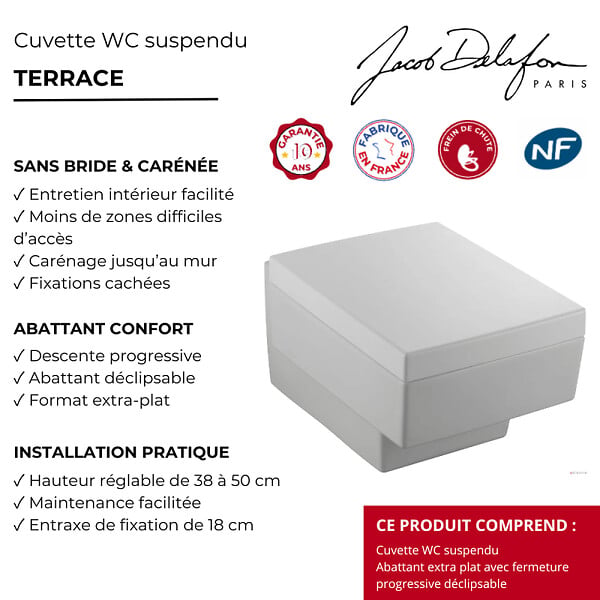 JACOB DELAFON - Cuvette WC suspendu Terrace avec abattant frein de chute déclipsable - large
