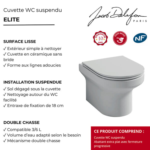 JACOB DELAFON - Cuvette WC suspendu sans bride Elite avec abattant frein de chute extra-plat déclipsable - large