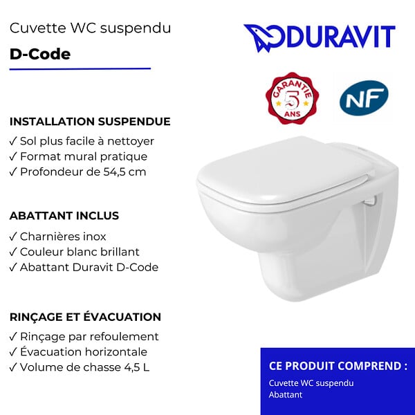 DURAVIT - Cuvette WC suspendu D-Code avec abattant - large