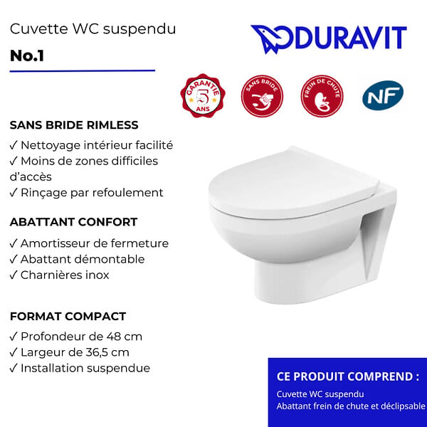 DURAVIT - Pack cuvette suspendue N°1 RIMLESS COMPACT (480 mm) - Profondeur: 480 mm - Hauteur: 400 mm - Largeur: 365 mm - Blanc - large