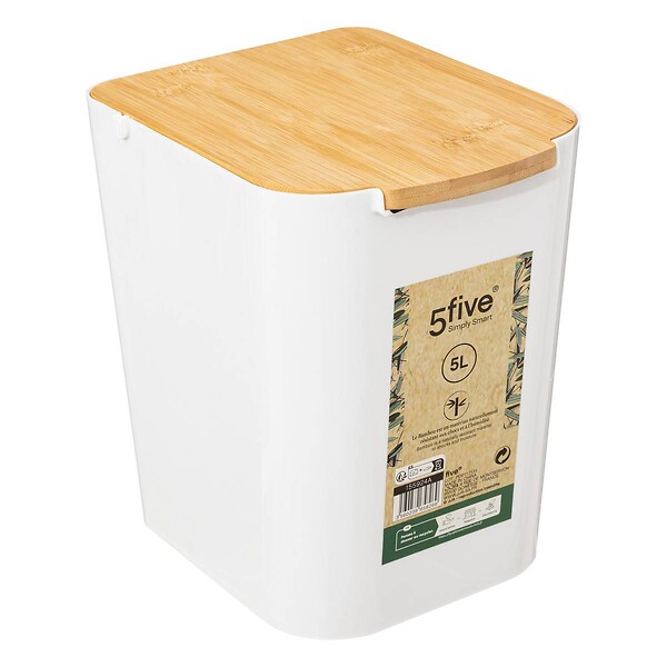 5 FIVE SIMPLY SMART - Poubelle de salle de bain Blanche 5L couvercle en Bambou - large