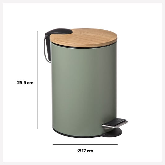 5 FIVE SIMPLY SMART - Poubelle de salle de bain en métal Vert Kaki et couvercle en Bambou 3 L - large