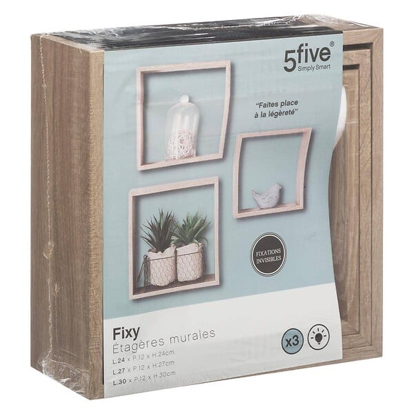 5 FIVE SIMPLY SMART - Lot de 3 Étagères murales flottantes Cubes coloris Chêne naturel Fixations invisibles - large