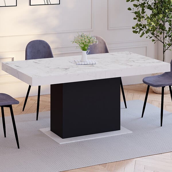 ID MARKET - Table à manger extensible rectangle EDEN 6-10 personnes plateau effet marbre blanc ALASKA et noir 160-200 cm - large