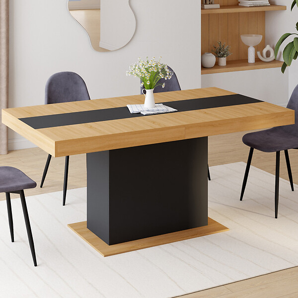 ID MARKET - Table à manger extensible rectangle EDEN 6-10 personnes bois et noir bande centrale noire 160-200 cm - large