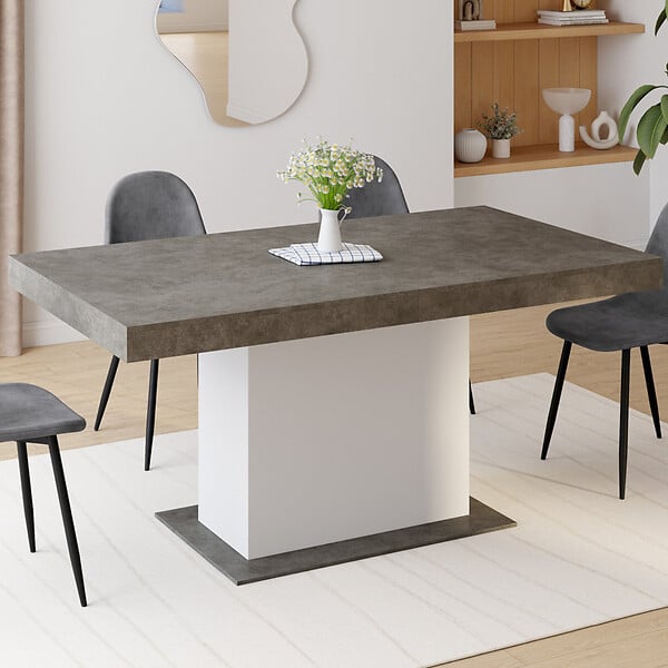 ID MARKET - Table à manger extensible rectangle EDEN 6-10 personnes béton et blanc 160-200 cm - large