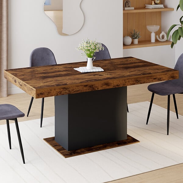 ID MARKET - Table à manger extensible rectangle EDEN 6-10 personnes bois effet vieilli et noir 160-200 cm - large