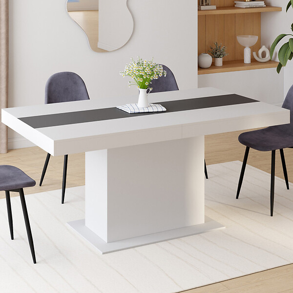ID MARKET - Table à manger extensible rectangle EDEN 6-10 personnes blanche et bande centrale grise 160-200 cm - large