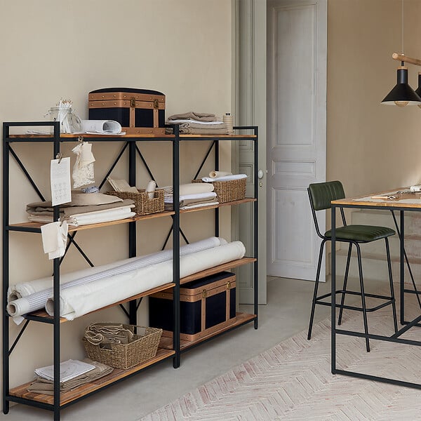 ATMOSPHERA - Meuble Étagère 4 niveaux en Métal Noir et Bois d'Acacia H 141 cm - large