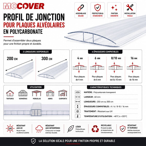 MCCOVER - Profil polycarbonate de jonction - ep.8 / 10 mm, L.300 cm - large