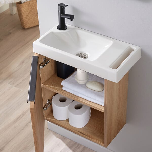GODART - Meuble lave mains effet bois et noir avec porte serviette pour toilette - large