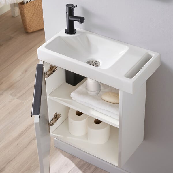GODART - Meuble lave mains avec porte serviette blanc et noir avec robinet noir - large