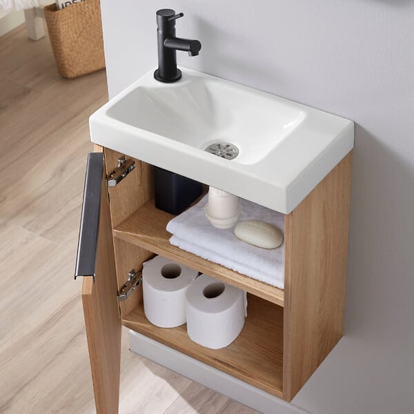 GODART - Pack meuble lave mains Hamac oak et noir + robinetterie eau froide noir - large