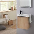 GODART - Meuble lave-mains décor bois avec porte serviette en céramique et mitigeur noir - vignette