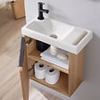 GODART - Meuble lave-mains décor bois avec porte serviette en céramique et mitigeur noir - vignette
