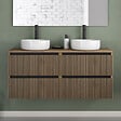 COSYNEO - Meuble de salle de bain 140cm avec plateau et 2 vasques à poser rondes - 4 tiroirs - sans miroir - noyer (bois foncé) - VENERIA - vignette