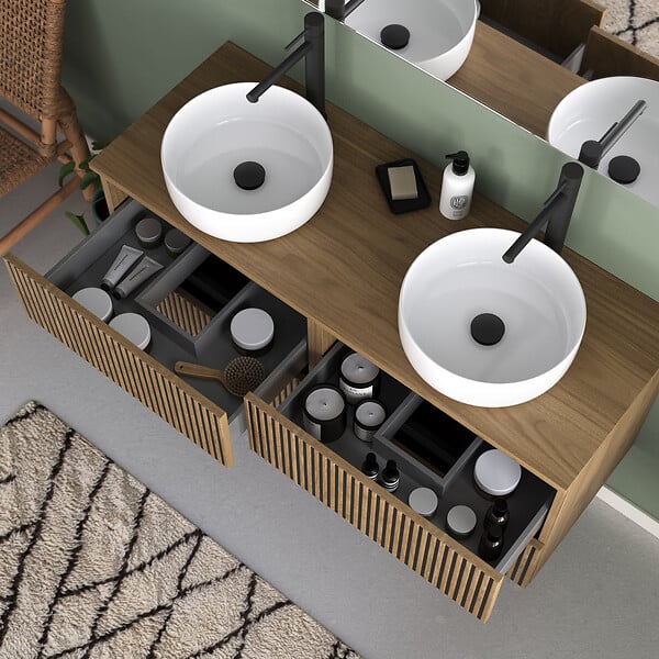 COSYNEO - Meuble de salle de bain 140cm avec plateau et 2 vasques à poser rondes - 4 tiroirs - sans miroir - noyer (bois foncé) - VENERIA - large